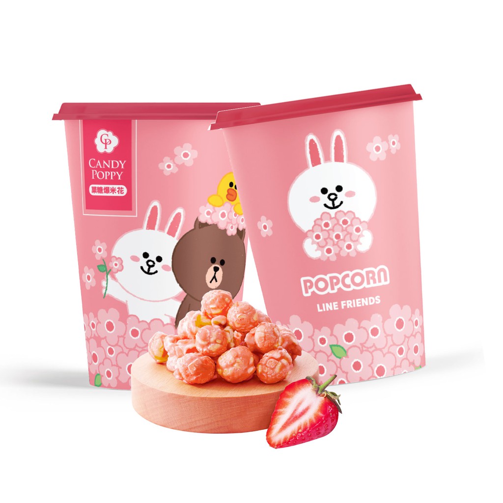 LINE爆米花杯-櫻花粉(草莓)CANDY POPPY x LINE FRIENDS再次聯手推出春季爆米花杯，可愛的粉色櫻花雙面設計，搭配超人氣的「熱戀草莓」口味夢幻粉紅色+濃郁草莓香氣，吃起來酥脆爽