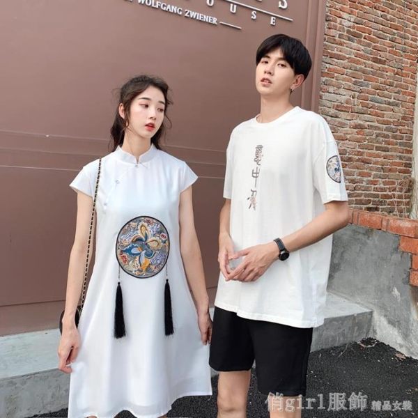 國風情侶夏連身裙男女短袖中國風刺繡很仙的情侶套裝你衣我裙 618盛典