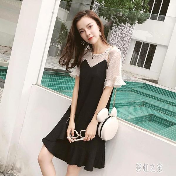 2019夏裝新款雪紡裙子拼接OL氣質顯瘦赫本小黑裙黑色魚尾洋裝連身裙女