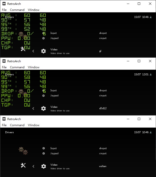 筆者以RetroArch進行測試時發現FrameView能在DirectX 12與OpenGL模式下正常運作，但切換至Vulkan後則無法運作。