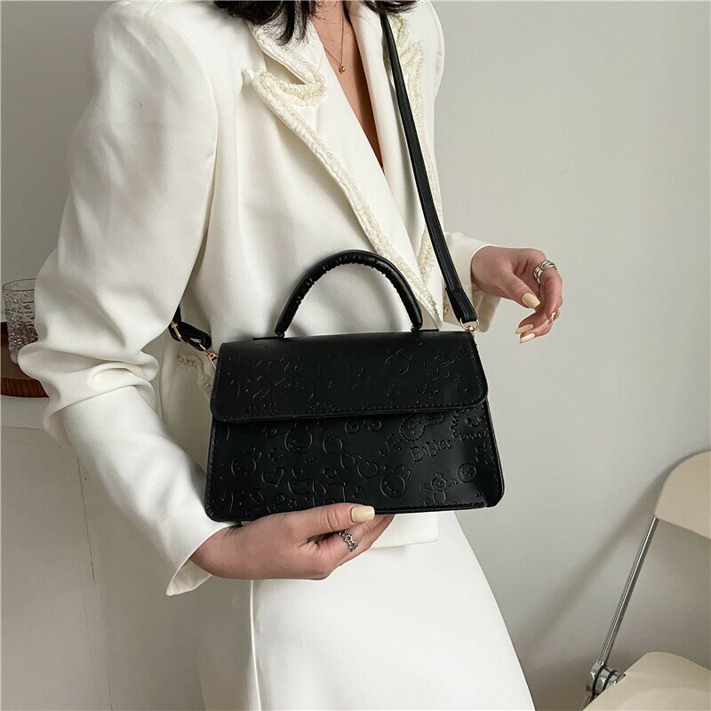 復古包包女2021春季時尚洋氣純色單肩包壓花簡約手提斜挎包小方包