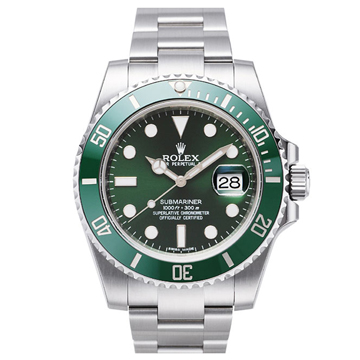 原廠平行輸入全球錶迷一致推崇904L高硬度不銹鋼製造防水深達300米通過瑞士天文台認證之準確時計刻度漸進式旋轉外圈，可查減壓時間經典綠水鬼陶瓷錶型號：116610LV