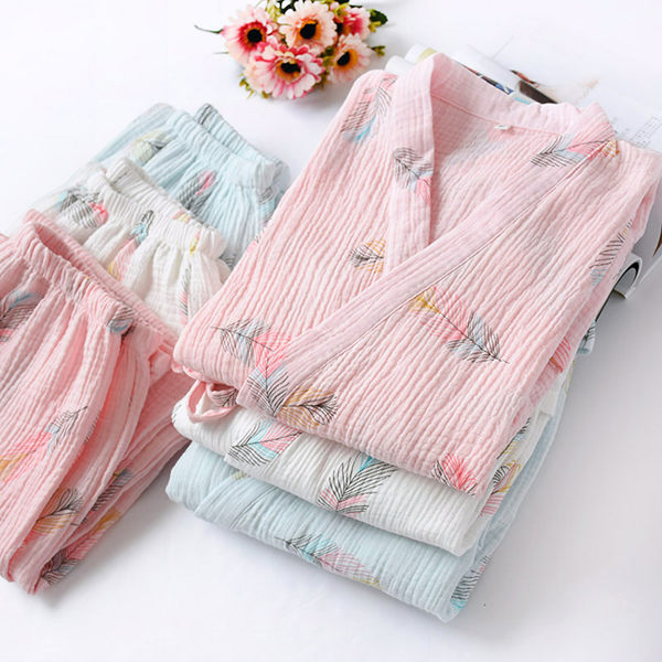 浴袍-超仙親膚水洗純棉紗和服睡衣女長褲春夏薄款開衫繫繩日繫清新羽毛 父親節超值價