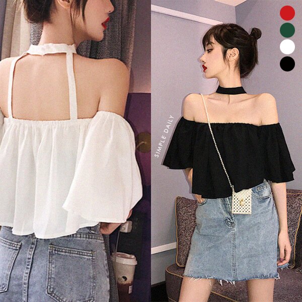 SISI【T21011】春夏輕熟性感鎖骨削肩露肩掛脖一字領平口喇叭袖五分袖短袖線條短版露腰露肚T恤T-shirt上衣約會