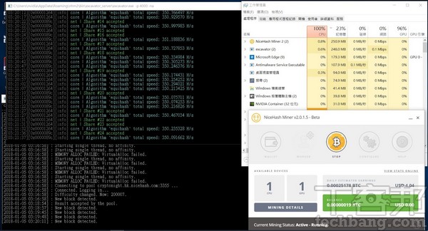 每個軟體在挖礦時，顯示的通知不盡相同，NiceHash 是以綠色文字提示挖到比特幣的通知訊息。
