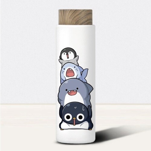 正版授權木紋杯蓋不鏽鋼保溫瓶 茶隔 304不鏽鋼水壺 | line熱門貼圖 胖鯊魚鯊西米