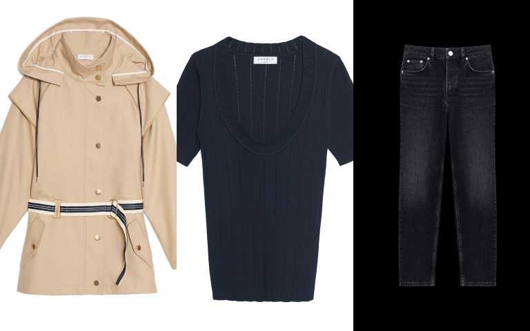 編輯推薦：學朴敏英的機場風衣時尚。Sandro 皮帶設計風衣外套／19,710 元；Sandro黑色U領羅紋上衣 ／5,800元；Maje 刷色緊身牛仔褲／8,120元(圖／品牌提供)