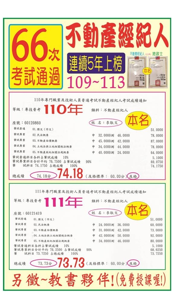 不動產經紀人考試上榜~免費輔導!