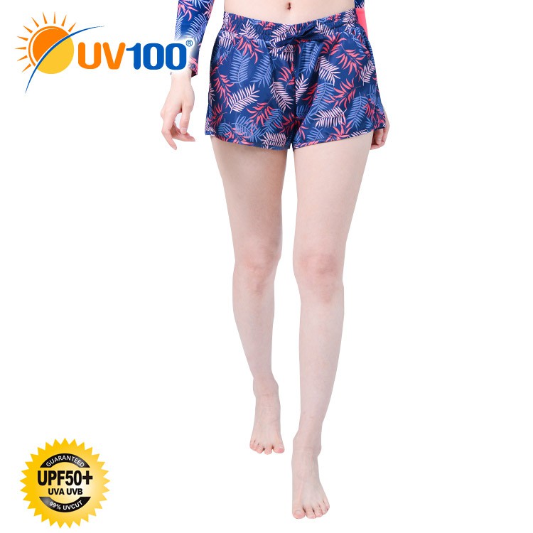 UV100 防曬 抗UV-輕量印花海灘短褲-女 - 丈青色【CB91048】