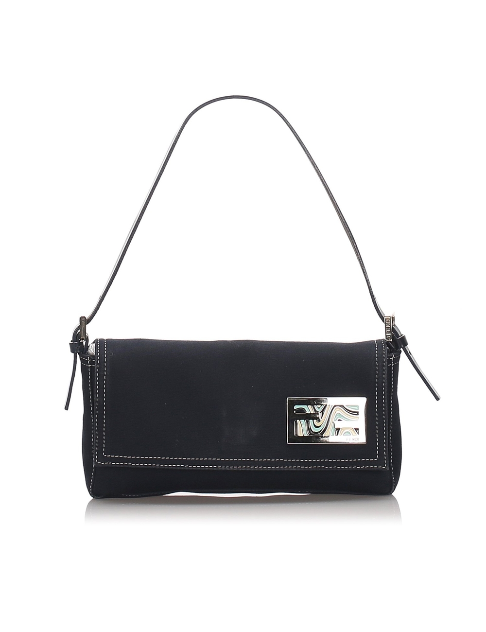 Product Details: Black Fendi Canvas Baguette. This baguette features a canvas body, flat leather str