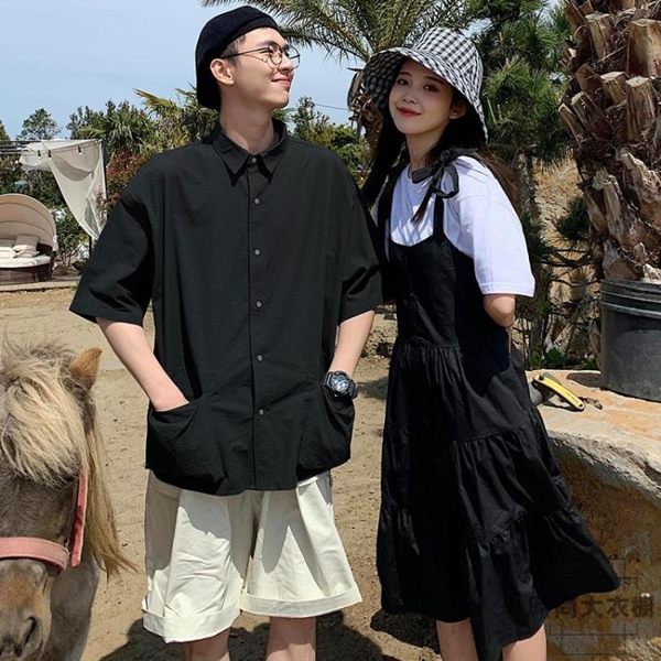 情侶裝連身裙韓版法式復古裙過膝吊帶裙【時尚大衣櫥】