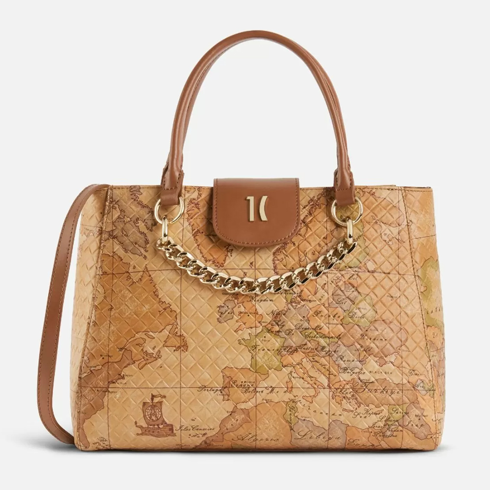 【Alviero Martini 義大利地圖包】地圖壓紋鍊帶裝飾小羊皮手提側揹包-地圖黃