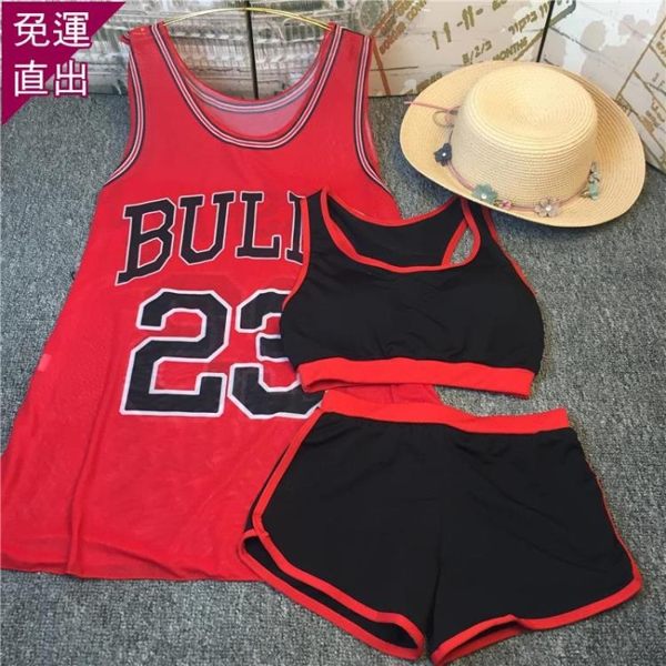 泳裝 泳衣女三件套運動字母背心裙小胸聚攏保守顯瘦遮肚平角分體游泳衣【寶貝小鎮】