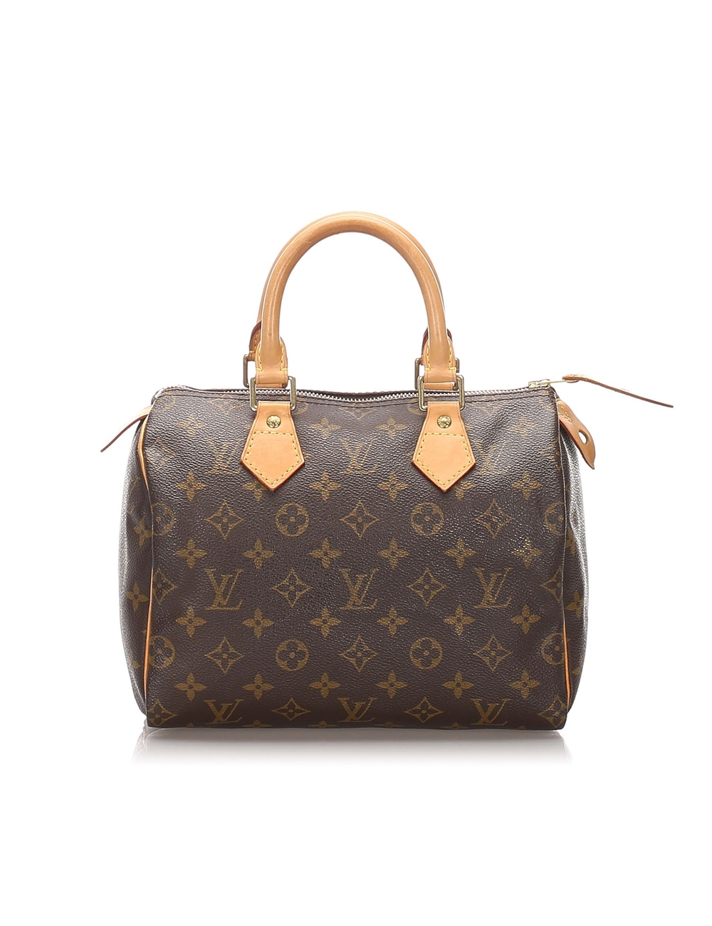 The Speedy 25 features a monogram canvas body, rolled leather handles, a top zip closure, and an int