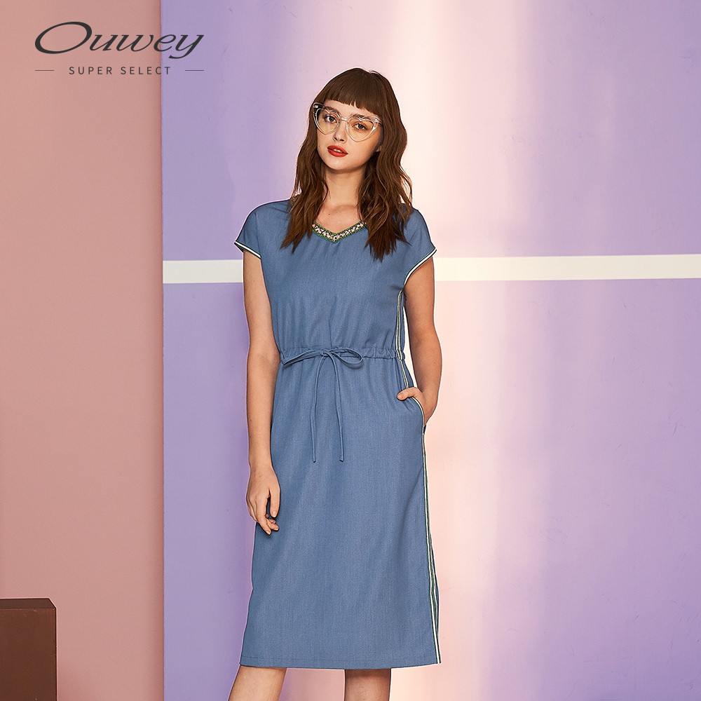 OUWEY歐薇 仿牛仔運動風連袖洋裝(藍)I09719