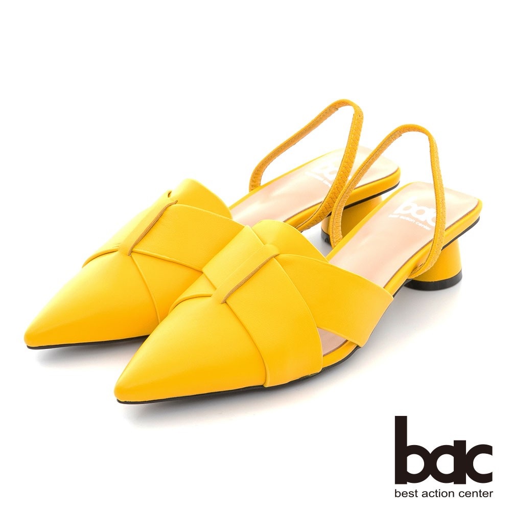bac 時髦交叉層疊兩截式後空低跟鞋-黃