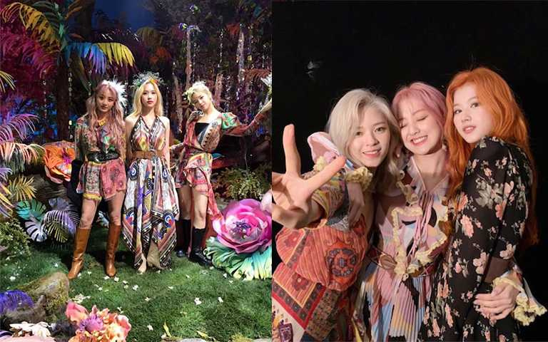 圖騰、花卉、鮮豔色彩、流蘇等各種波希米亞風的元素，都可以在這次Twice回歸舞台上看到。(圖／twicetagram IG)