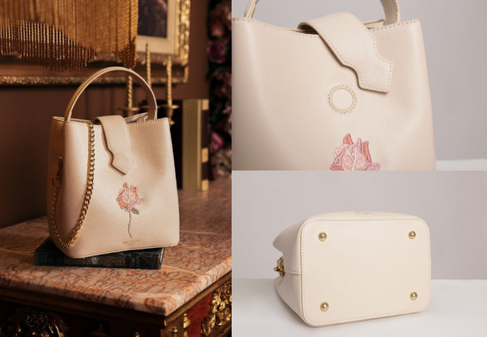 刺繡真皮大容量水桶包