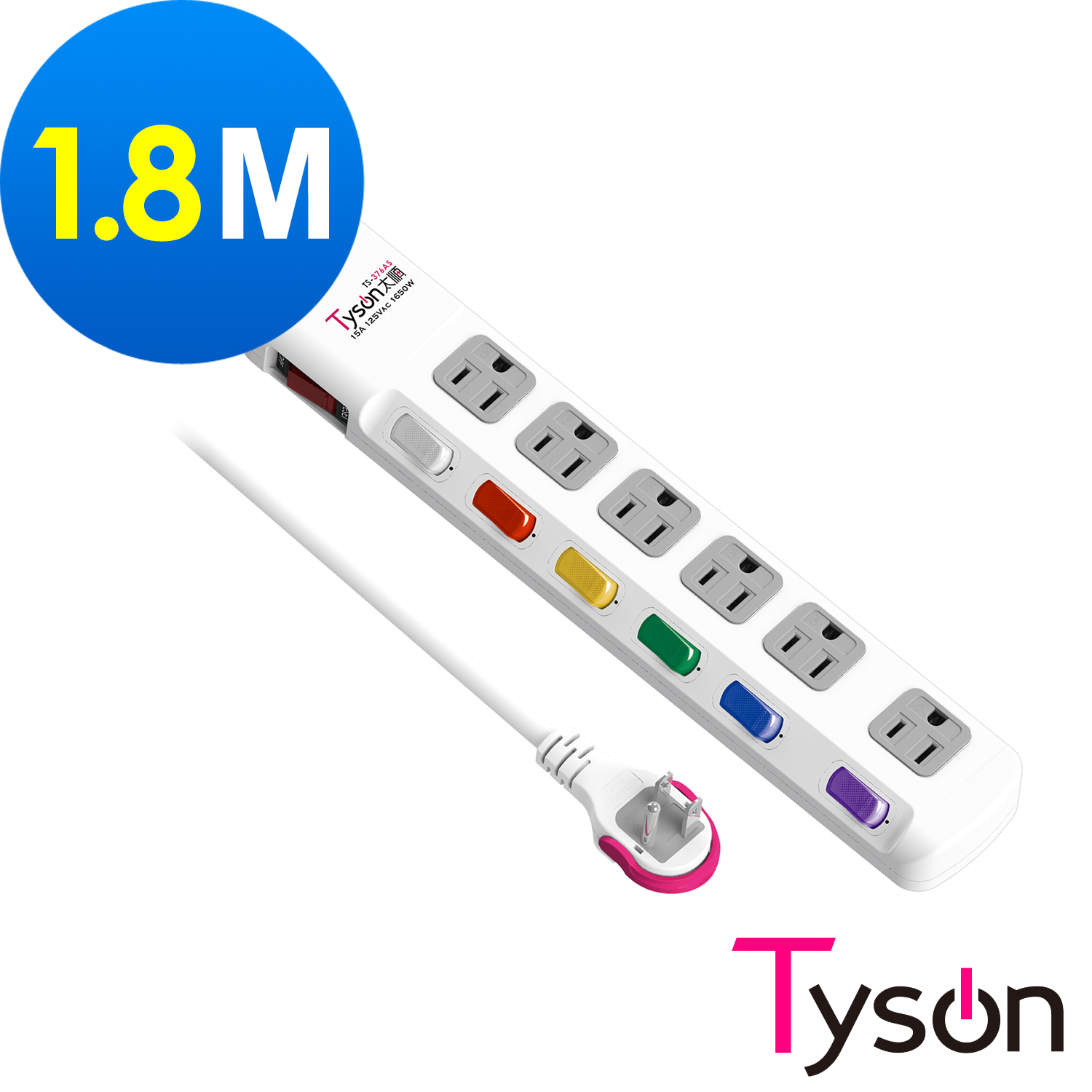 ◆橫向平貼式省力插頭 ◆6組一對一獨立式電源管理開關 ◆1組內建過載自動斷電總開關 ◆6KV抗雷擊，突波吸收器 ◆4N級無氧銅+雙絕緣線材