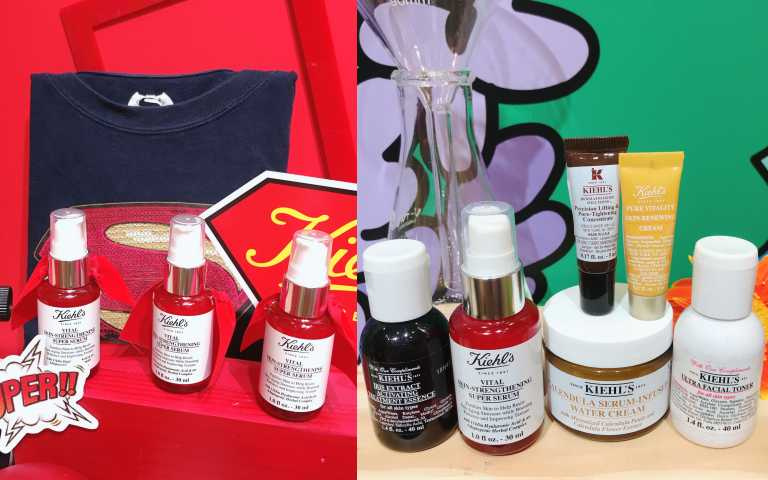 (右)KIEHL’S無敵修護組：11KDa 超導全能修護露 30ml；金盞花精萃亮采水凝霜 50ml；DEJ 高效緊緻精華5ml；紫鳶青春肌活露 40ml；特級保濕機能水 40ml；蜂蜜紅蔘亮采活膚霜 7ml(價值 4840元)特價3850元。(圖/黃筱婷攝影、品牌提供)