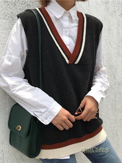 韓版V領針織背心馬甲秋裝女新款百搭學院風寬鬆顯瘦無袖毛衣