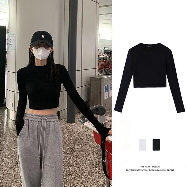 2023Data Zara高腰露臍短款修身T恤女白色純棉圓領長袖打底上衣女潮