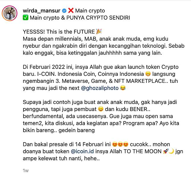 Source: Instagram/wirda_mansur - Anak Yusuf Mansur Luncurkan Token Kripto