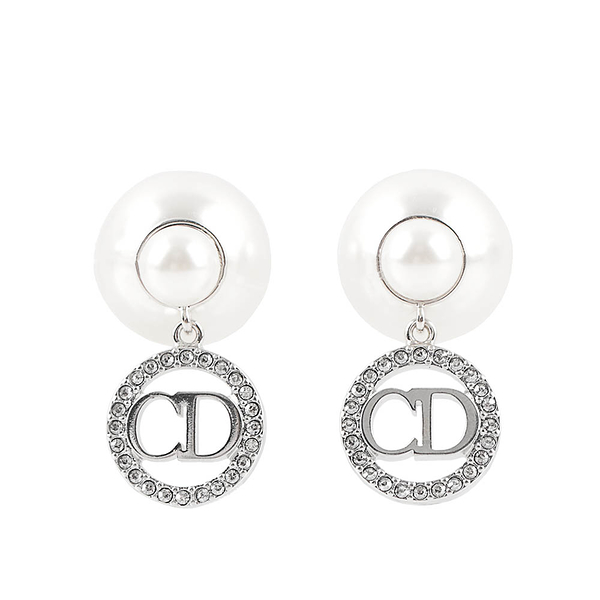 【DIOR】Tribales 珍珠及圓形水鑽標誌針式耳環(銀色/白色) E1941TRICY_D13S