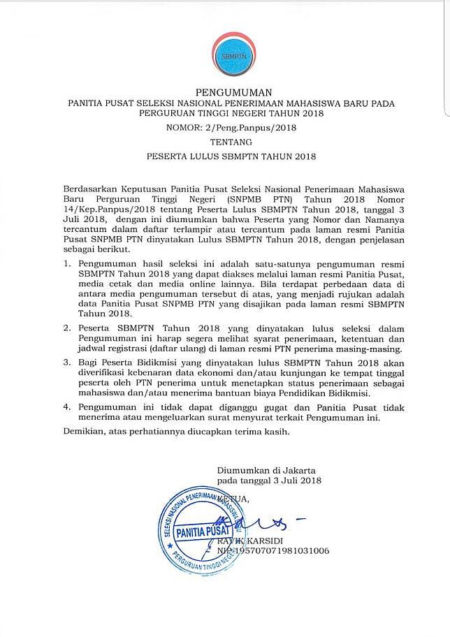 Hasil Seleksi Sbmptn 2018 Panlok Malang