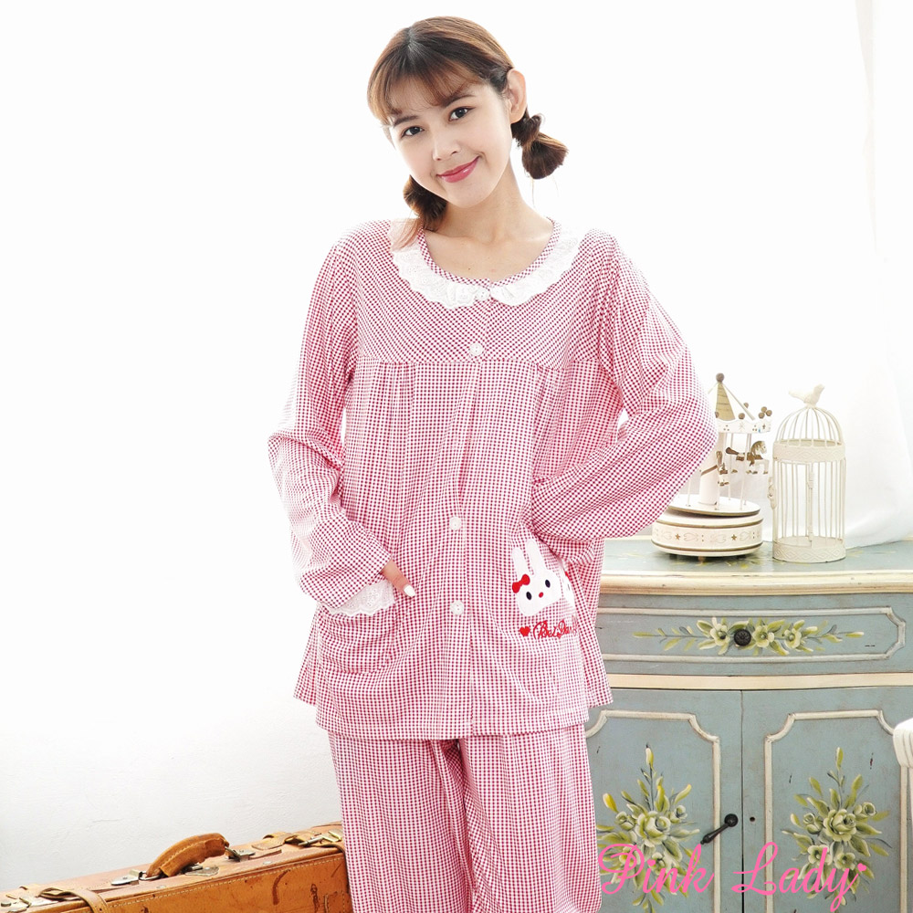 pinklady舒適棉柔型排釦成套睡衣細格搭配白色滾邊不單調小兔圖案增添可愛韓版排釦設計方便自在