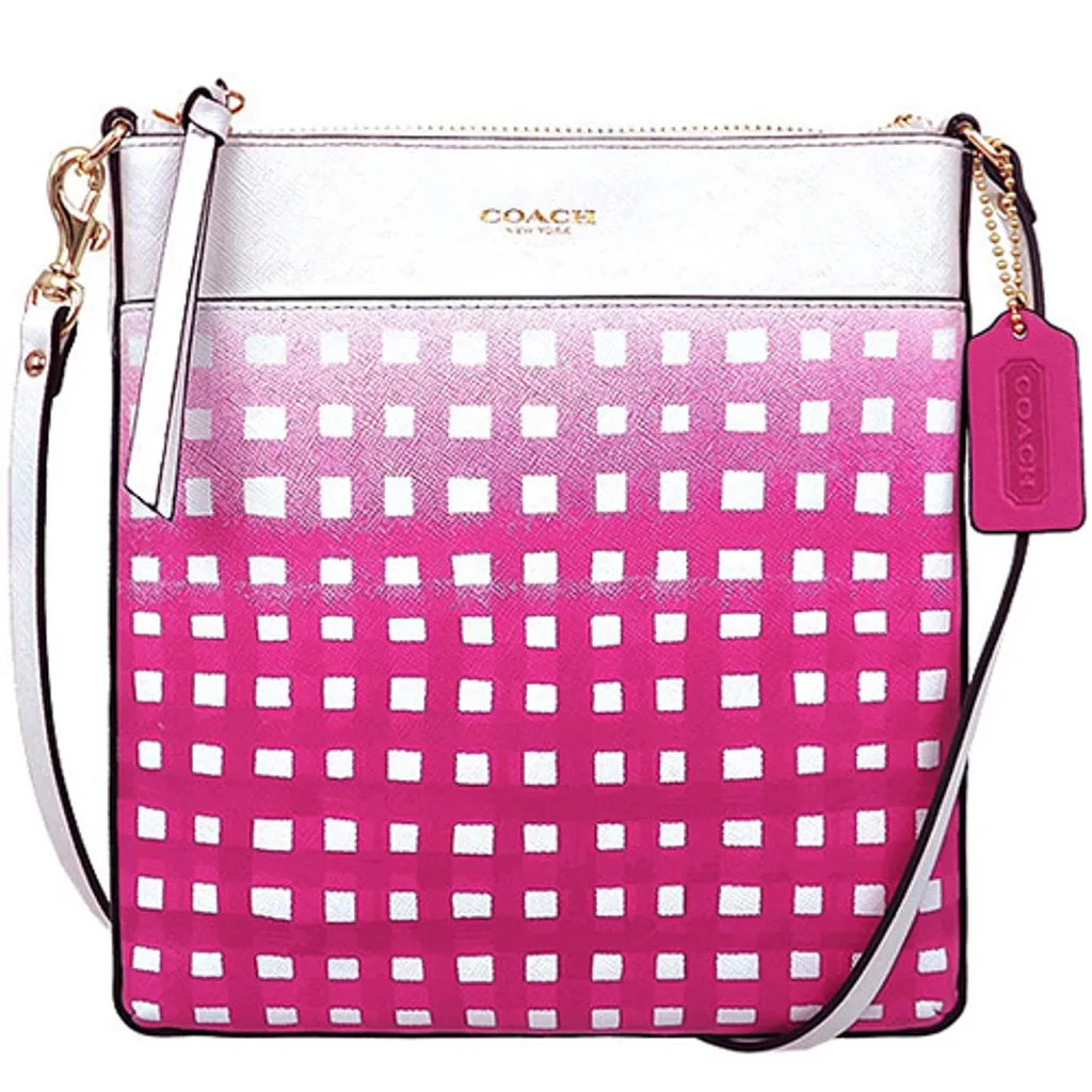 【COACH】桃紅漸層方扁斜背包-桃白格子