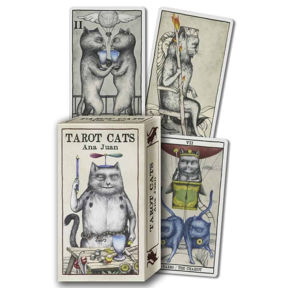 西班牙畫家安娜-胡安（Ana Juan）創作的這套迷人的牌卡，捕捉到貓咪成熟活力的個性特質，將自己的感性帶入其中。這些素描書式的插圖，以活潑的動作和有趣的面部表情，彰顯出無邊無際的想像力。創作者精心使
