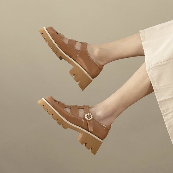 厚底松糕鞋女2023春新款編織鏤空平底單鞋真皮輕便亮皮樂福鞋