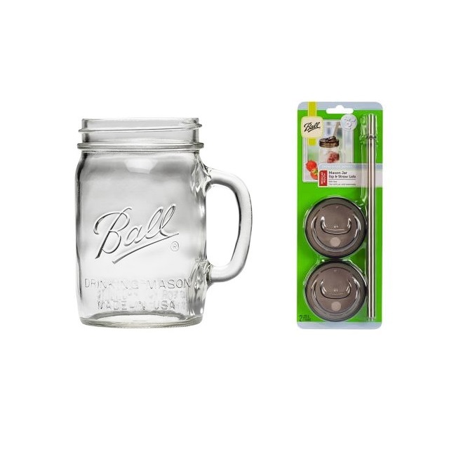 獨家組｜美國Ball梅森罐 24oz寬口杯+吸管杯蓋組(720ml)-2罐2蓋