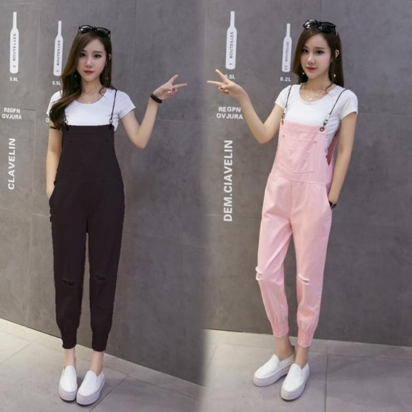 吊帶褲 牛仔背帶褲女學生春夏裝新款正韓寬鬆顯瘦九分褲破洞吊帶褲潮【快速出貨八五折】