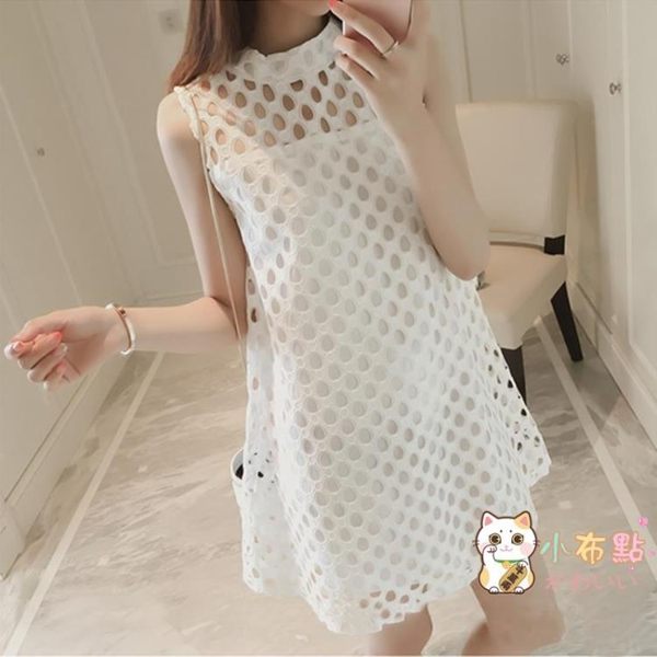 印花洋裝 無袖連衣裙女夏新品大碼寬鬆蕾絲鏤空中長款超仙高腰打底裙
