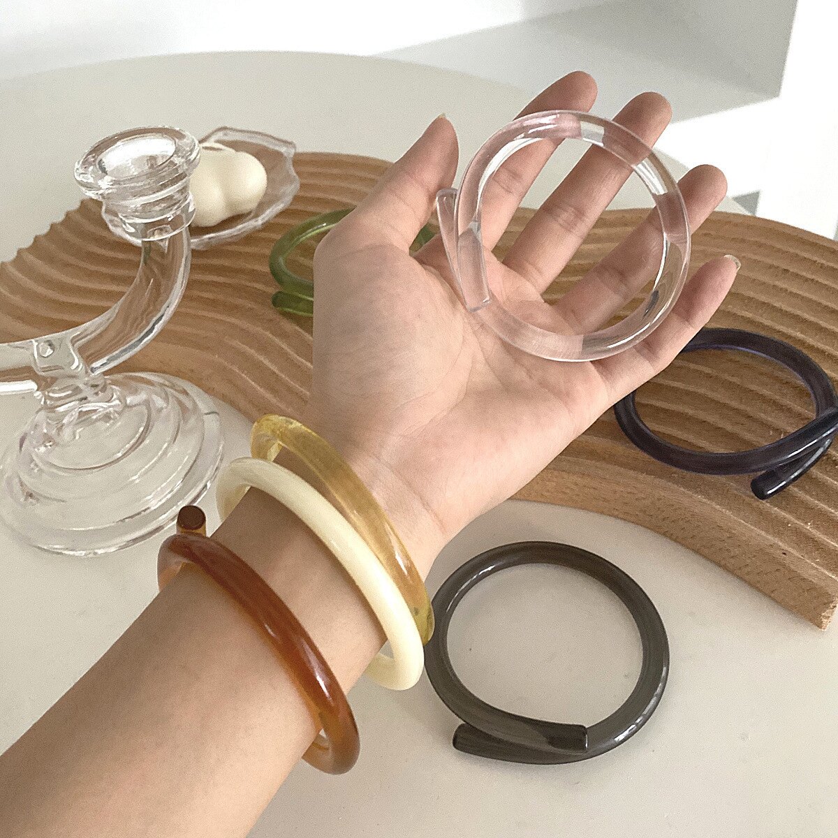 博主同款樹脂透明彩色琉璃感百搭手鐲手環手圈百搭手鏈天然鋯石