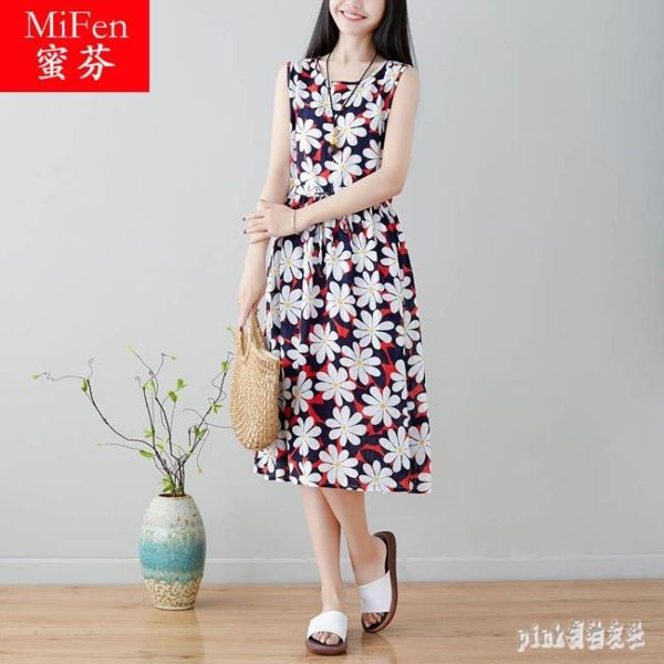中大尺碼碎花洋裝 夏裝寬鬆百搭背心裙民族風棉麻打底裙無袖連衣裙 rj1941『pink領袖衣社』