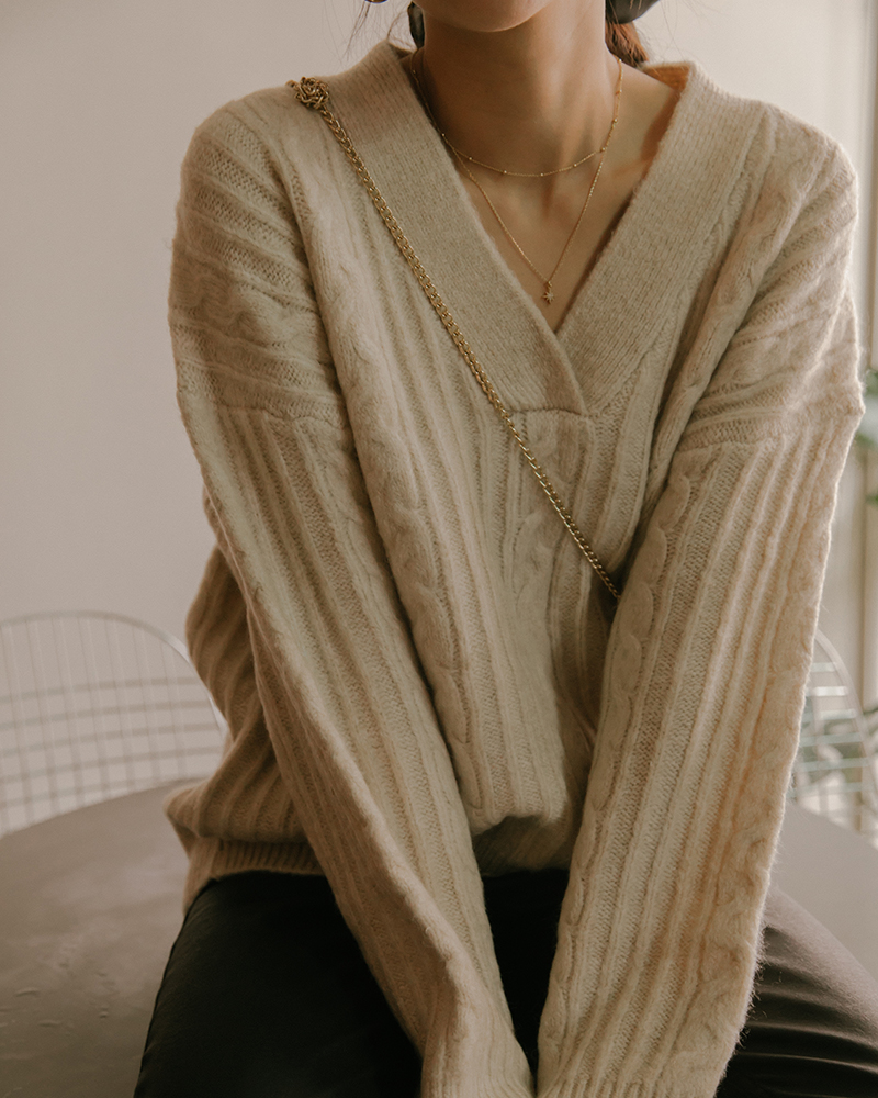 V領/柔軟針織面料/寬鬆版型商品長度/適中商品版型/寬鬆商品厚薄/適中商品彈性/佳*深色布料因穿著時接觸人體溫度及洗滌後有脫色及染劑移染狀況，第一次下水脫色為正常現象。*此款材質特性，不宜使用衣架吊掛