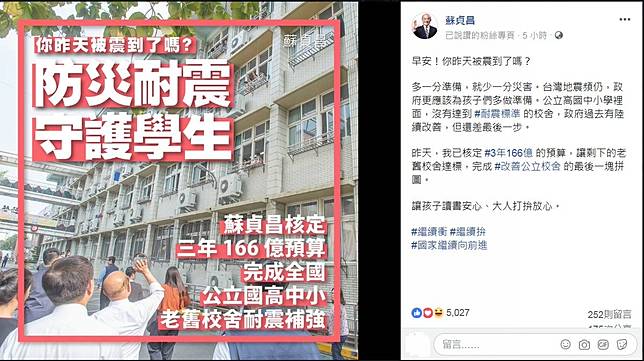 補強中小學校舍耐震蘇揆核撥166億元 中廣新聞網 Line Today