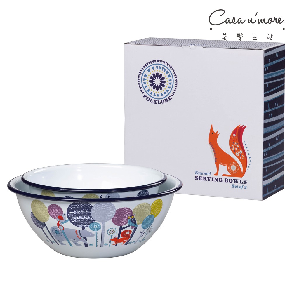 商品簡述1. 復古造型、用色溫暖，是款具療癒功能的食器2. 可作為沙拉碗、飯碗3. 童趣圖案，營造溫馨美好的用餐時光 商品介紹 此款琺瑯沙拉碗組共二入。以森林動物為主題，繪有穿梭在森林樹叢間的馴鹿、狐