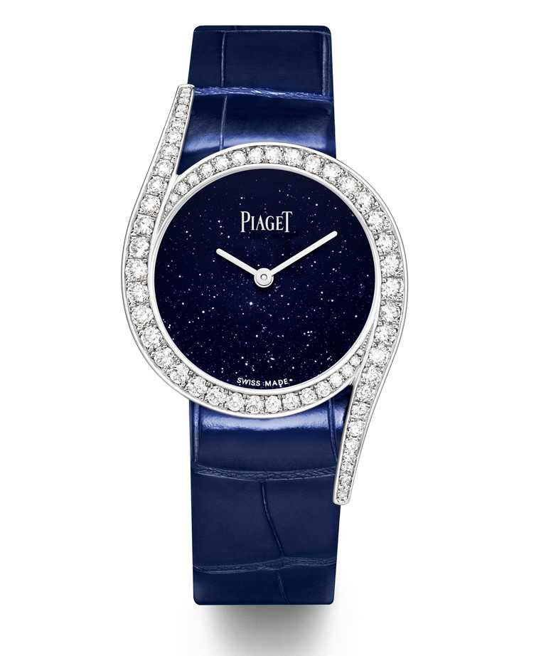 PIAGET「Limelight Gala」系列，18K白金鑲鑽高級珠寶腕錶╱砂金石玻璃錶盤，32mm，限量300只╱1,100,000元。（圖╱PIAGET提供）