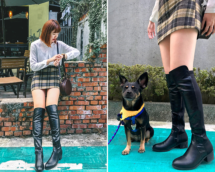 彈力布拼接低跟膝上長靴 小隻女穿搭推薦 膝上靴穿搭 irenejian穿搭