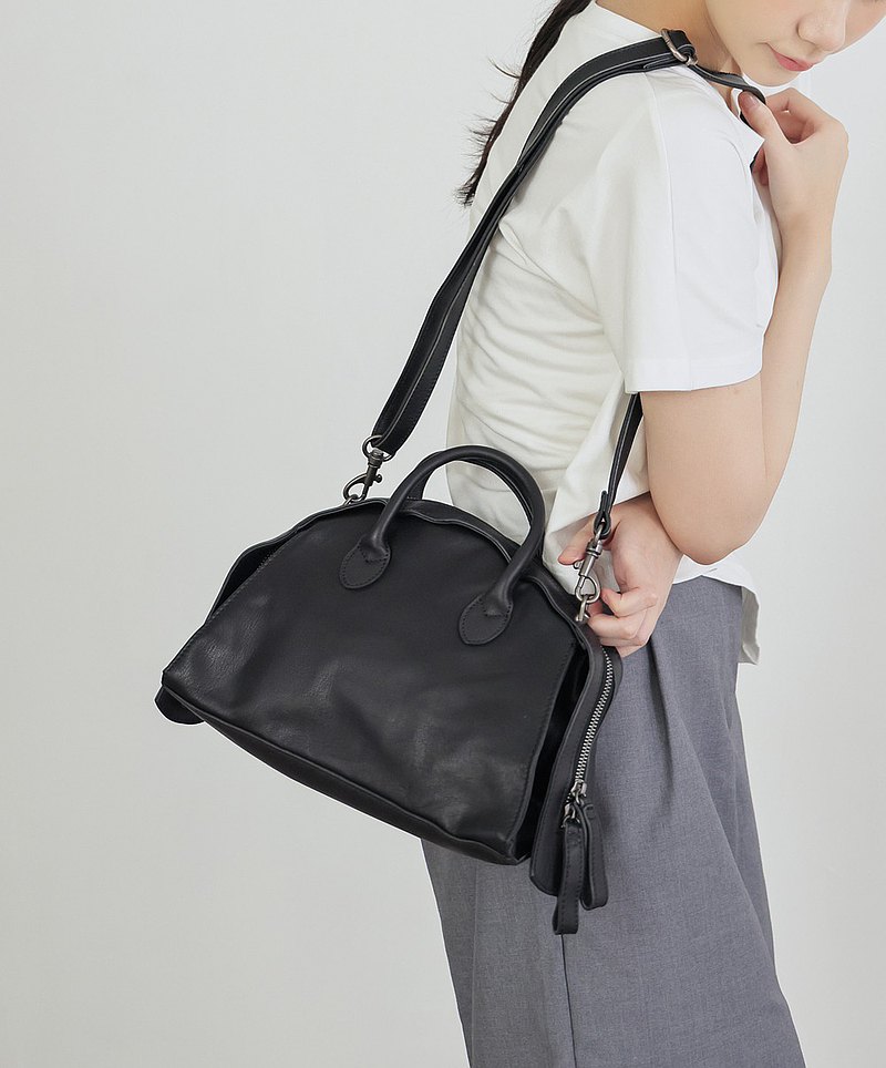 弧型設計 真皮手提肩背2波士頓包 黑 【秋冬新時尚】