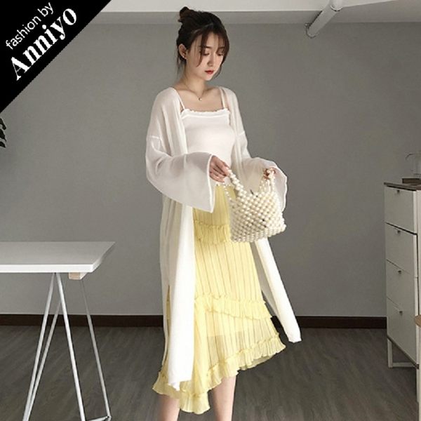 Anniyo安妞‧韓版春夏氣質百搭簡約寬鬆休閒慵懶透氣品質長袖長版防曬針織外套開衫罩衫 白色