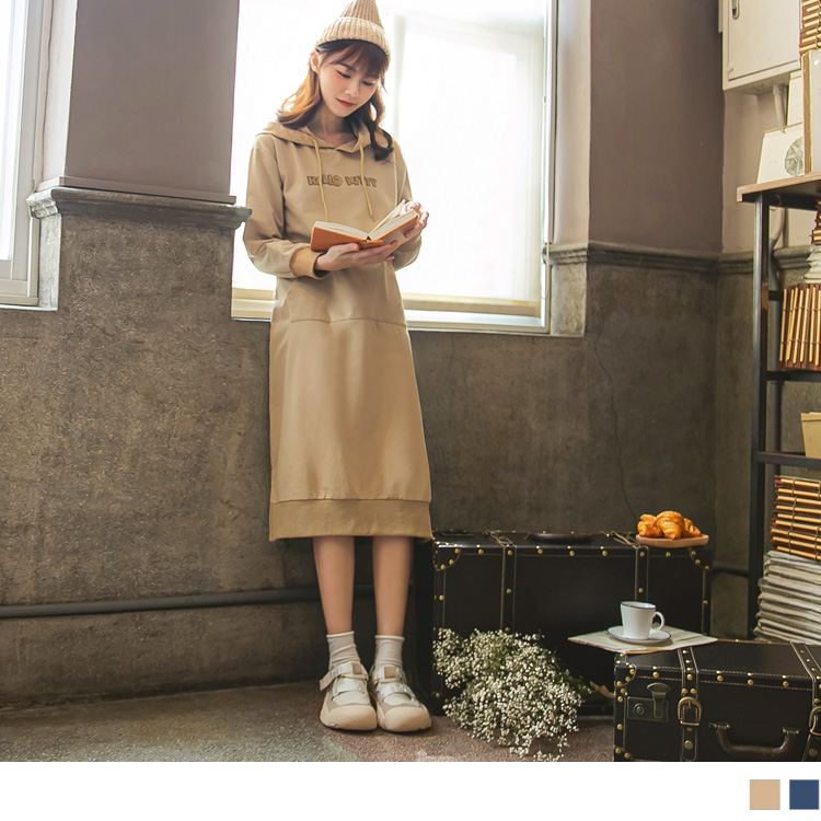 學院KITTY．印圖連帽羅紋拼接長洋裝