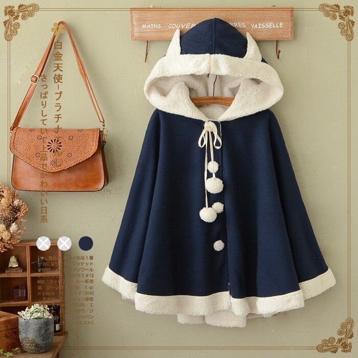 毛呢斗篷日繫秋冬季可愛連帽蝙蝠衫寬鬆披肩外套女學生韓版長大衣