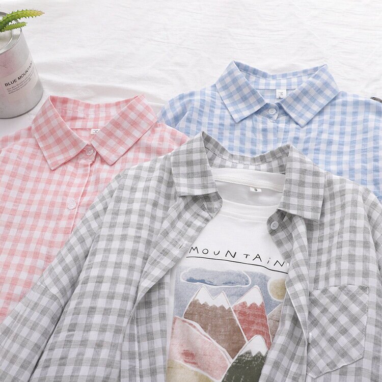 韓版小香風格子襯衫 女chic早春上衣 甜美淺色長袖學生上衣外穿