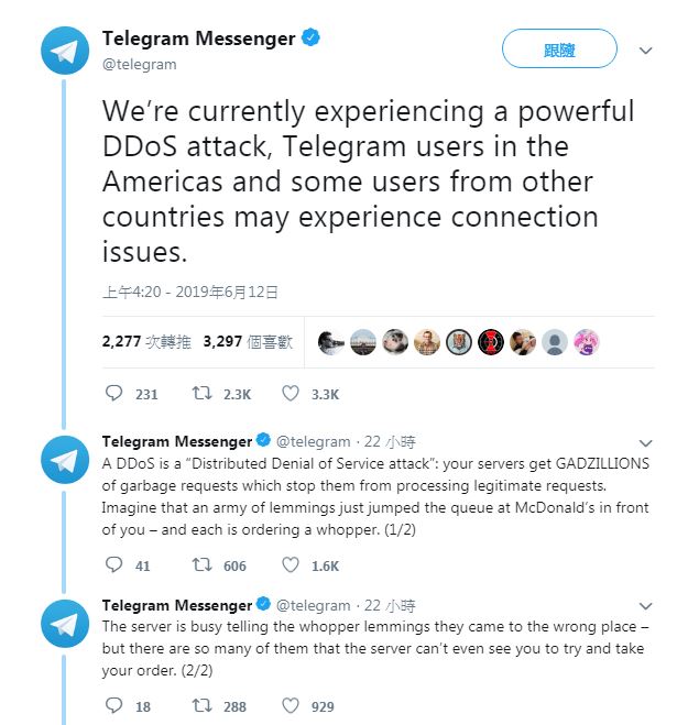 通訊軟體 Telegram 證實遭到中國大規模 DDoS 攻擊，起因於香港反送中抗議遊行