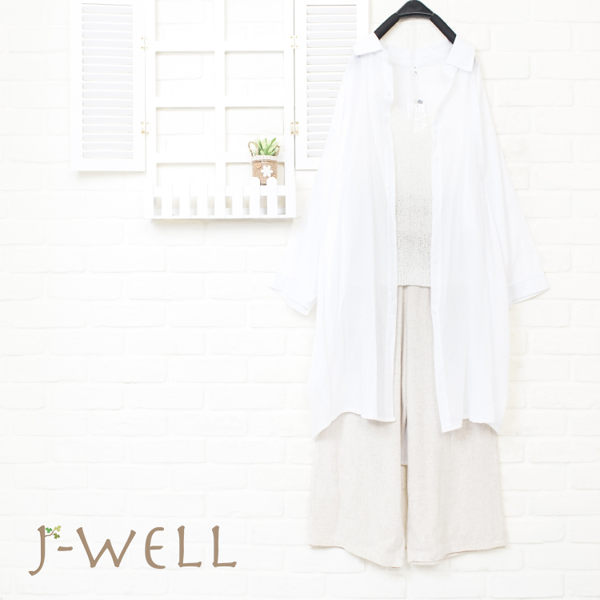 J-WELL 輕薄條紋長襯衫內搭線衫背心棉麻寬褲三件組 (組合A28 8J1463F+8J1479白F+8J1477卡其F)